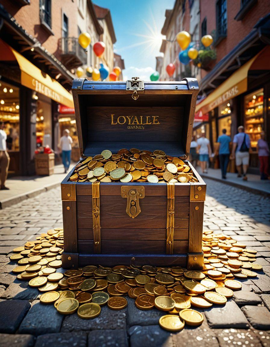 A dynamic composition showcasing a treasure chest overflowing with golden coins labeled with various loyalty rewards and discounts. Include a background of a bustling marketplace filled with happy shoppers holding loyalty cards, and banners advertising exclusive deals. Incorporate elements like a shining sun and vibrant colors to evoke excitement and opportunity. super-realistic. vibrant colors. 3D.